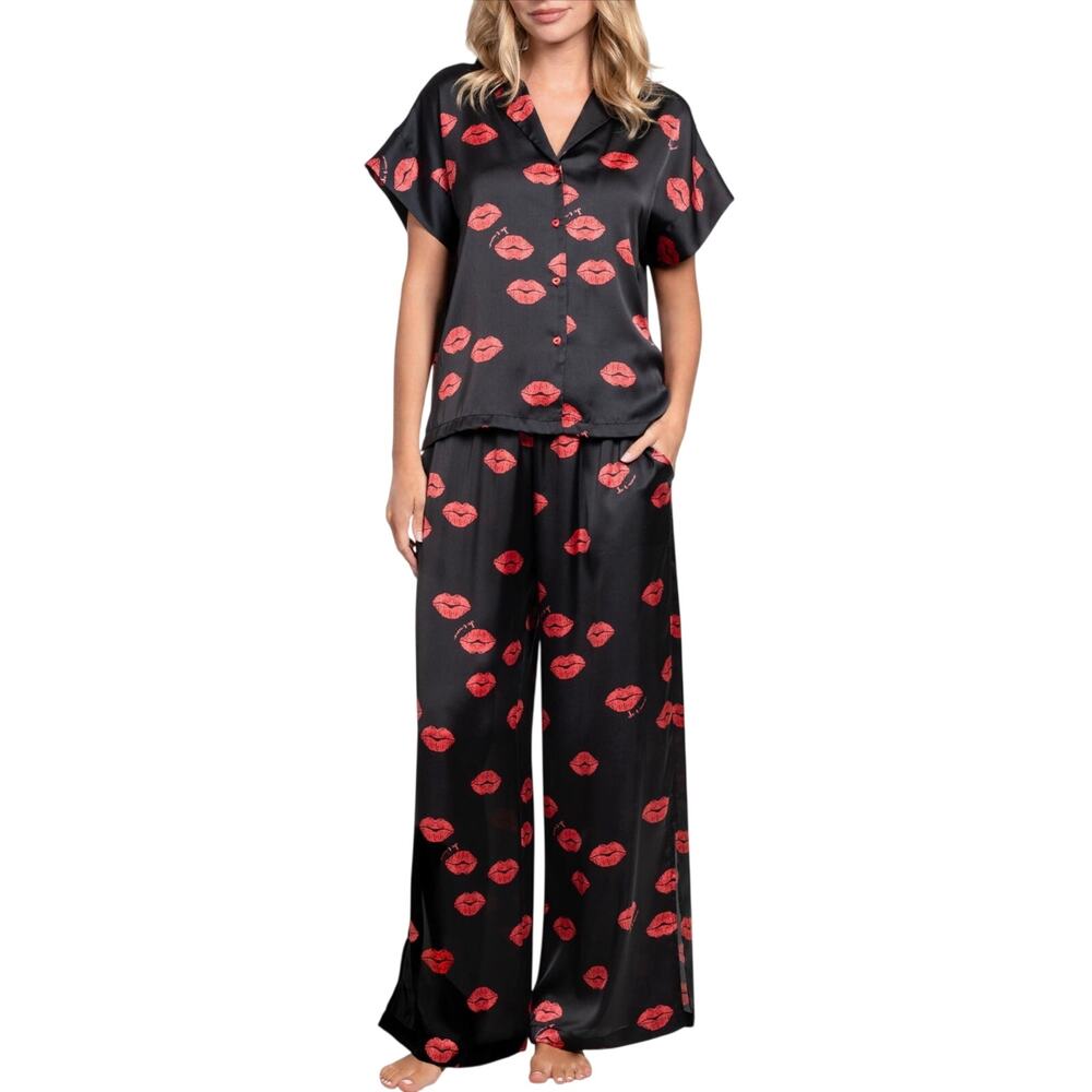 Midnight Bakery Kiss Print Satin Long Pajama Set, Black Red, Women's XL, NWT - Picture 3 of 11